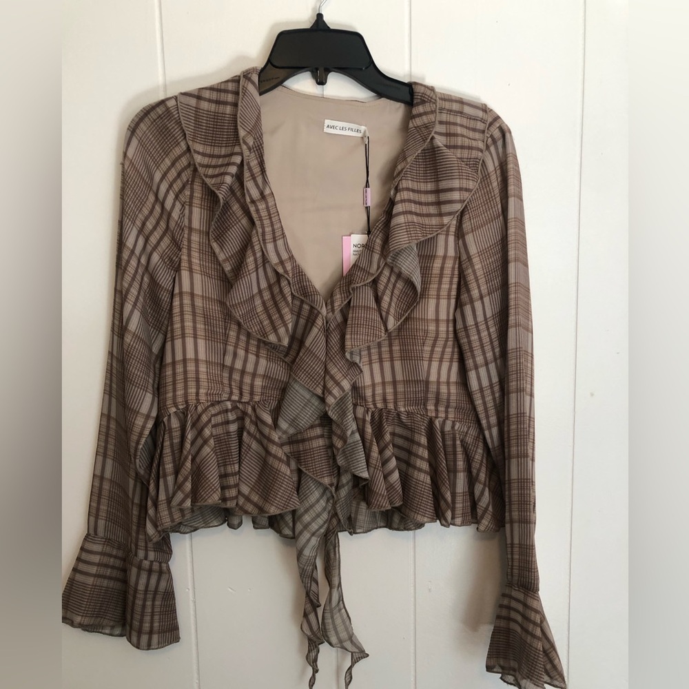 Avec Les Filles Brown Plaid Ruffle Tie-Front Top